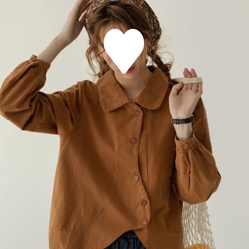 复古日系磨毛领衬衫女秋季新款宽松显瘦上衣慵懒短款长袖衬衣