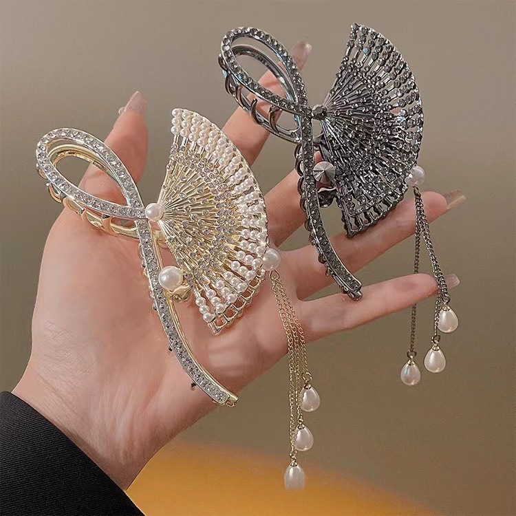 超仙扇形流苏金属抓夹后脑勺高级感满钻气质发夹古典鲨鱼夹子头饰