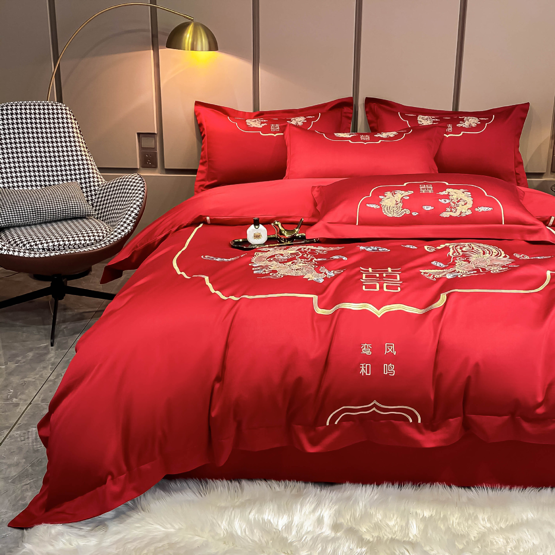 60支长绒棉婚庆四件套纯棉新中式结婚大红色刺绣全棉新婚床上用品