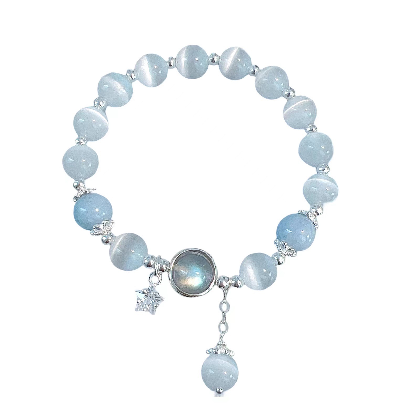 Cat‘s Eye Stone Aquamarine Moonstone Crystal Female Bracelet Light Luxury Elastic Bracelet Live Broadcast Burst 