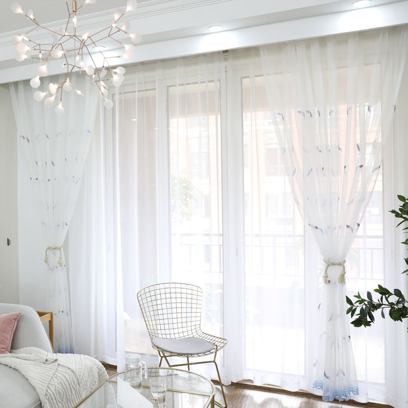 小清新羽毛纱帘白色阳台飘窗隔断客厅卧室纱窗帘刺绣窗纱成品