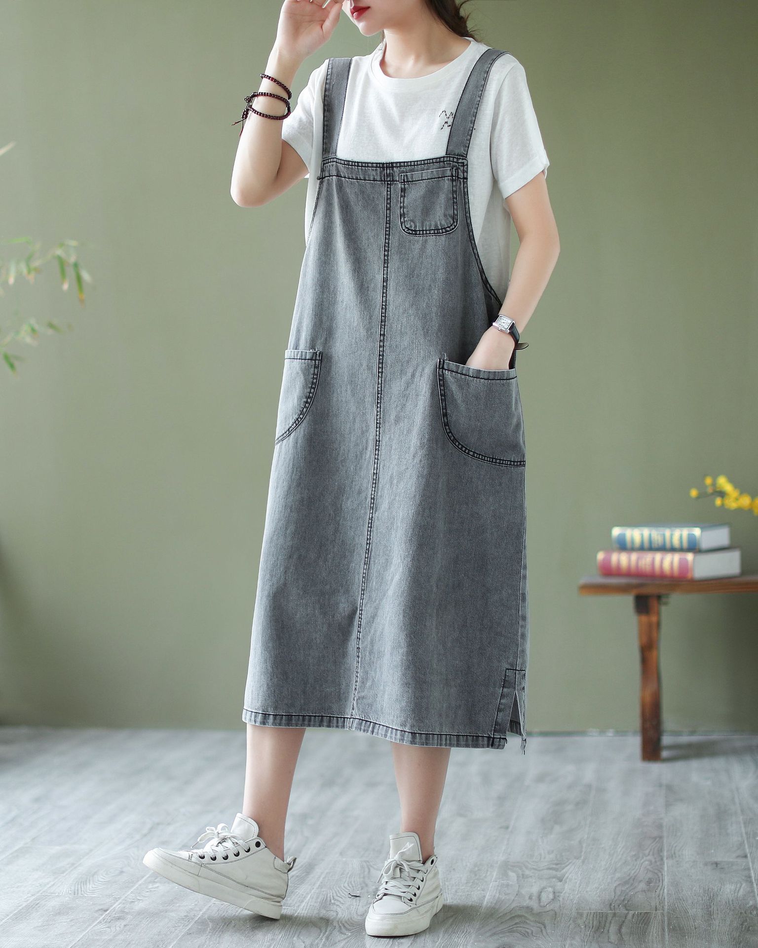 春夏装新款休闲宽松百搭中长款背带裙牛仔裙 中裙半身裙女