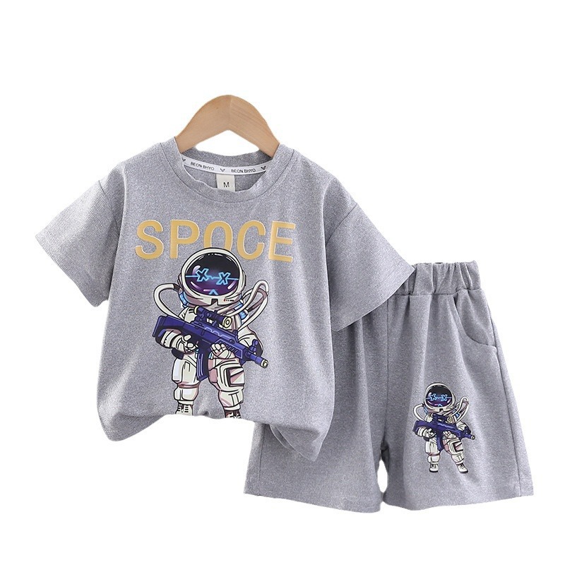Children's Clothing Children's Short-Sleeved Suit 2024 New Western Style Boy Summer Clothing Clothes Fashion Baby Summer round Neck Two-Piece Set