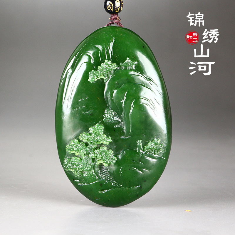 上新【锦绣山河】省级大师苏晓非巧雕和田玉老坑碧玉绿山水手把件