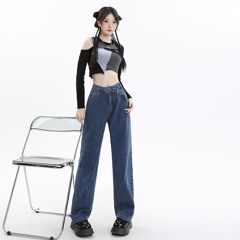 Autumn New Wide Leg Jeans Women's Loose High Waist Narrow Straight Cross Pants Loose Straight Mop Pants