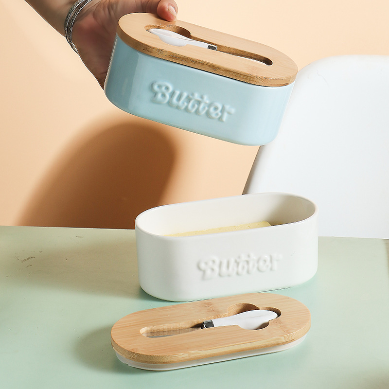 Modern Ceramic Butter Box Crisper with Wooden Lid Knife Set Butter Dish Household Cheese Box Ceramic Butter Box