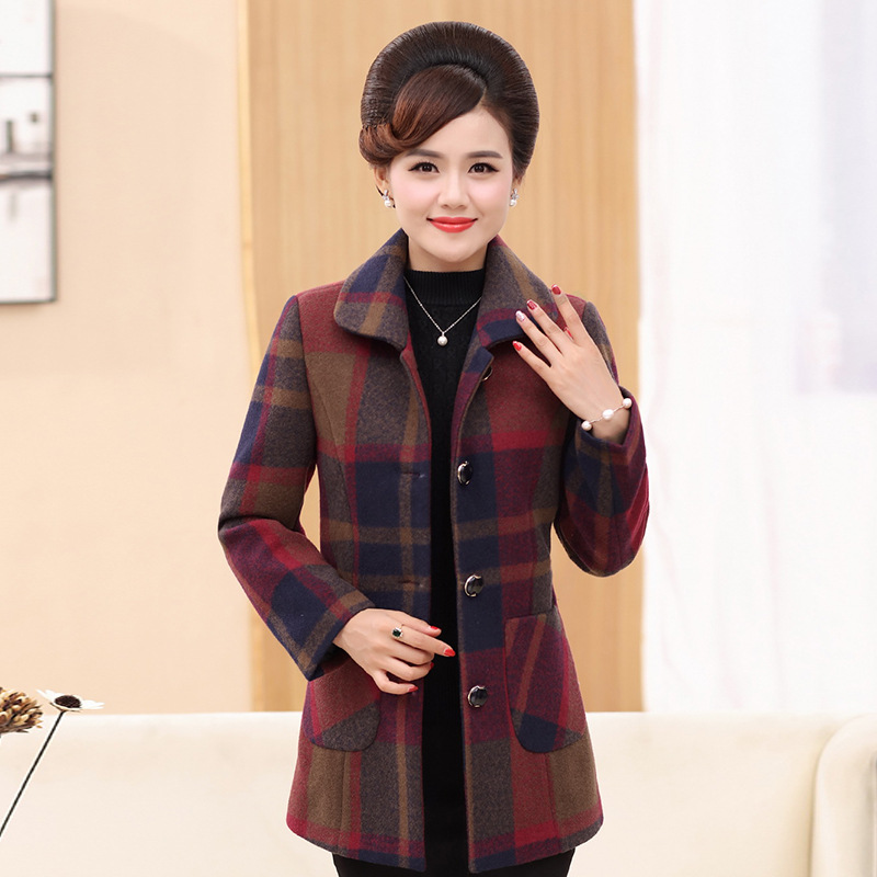 中老年妈妈装中长款毛呢外套中年女装春装秋装50-60格子大码2020