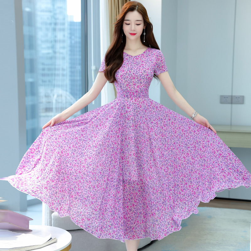 粉色碎花连衣裙长款女仙2022夏新款收腰气质大摆淑女超长度假长裙