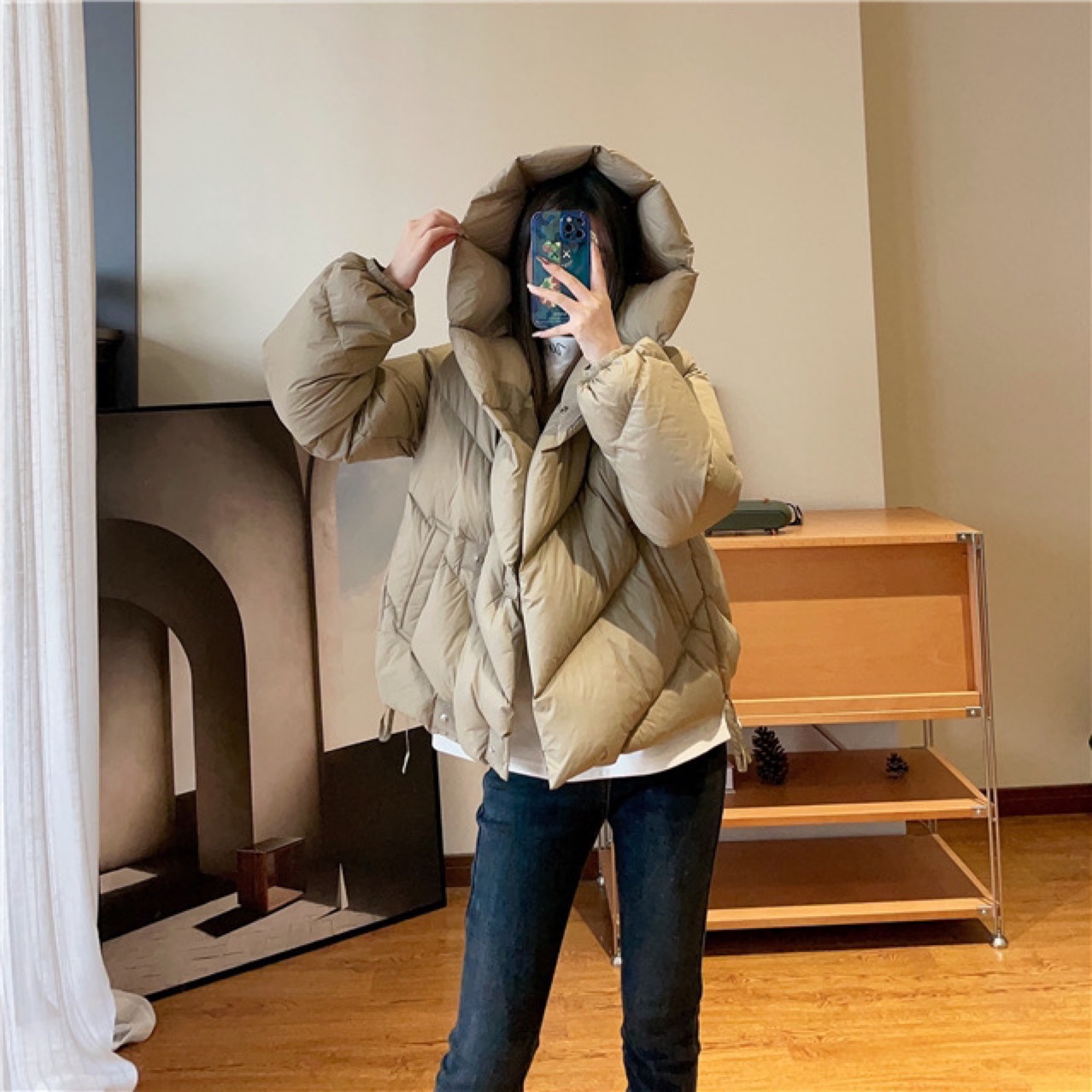 行走的羽绒被蓬松温暖90白鹅绒泡芙连帽羽绒服女中长款冬er1301