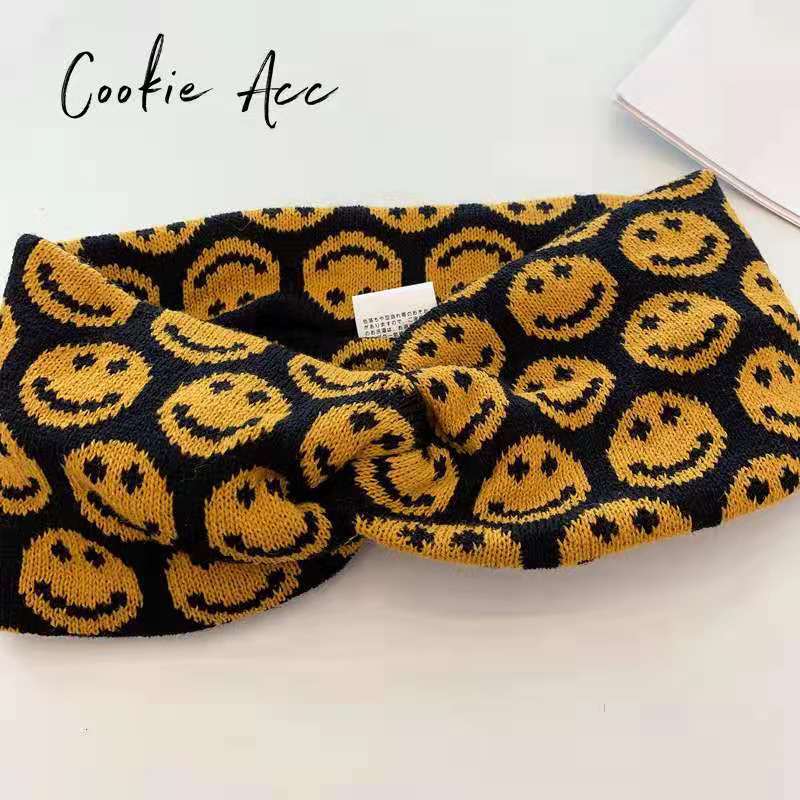 Internet Celebrity Smiley Face Wool Knitted Hair Band Female Autumn and Winter Korean Temperament Cross Headband Hair Pressing Headband Head Accessories