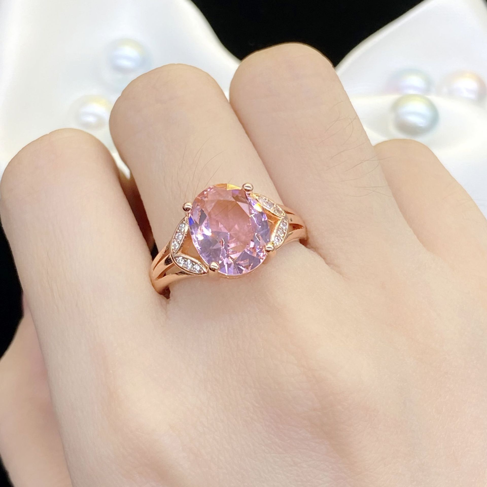 新品气质精致椭圆形仿真粉色碧玺彩宝开口戒指女 玫瑰金活口指环