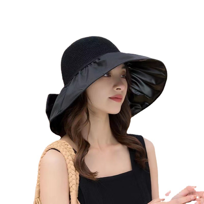 Hat Women's Fashion Summer Vinyl Sun Hat Big Brim Sun Hat Uv Protection Cover Face Bow Sun Hat