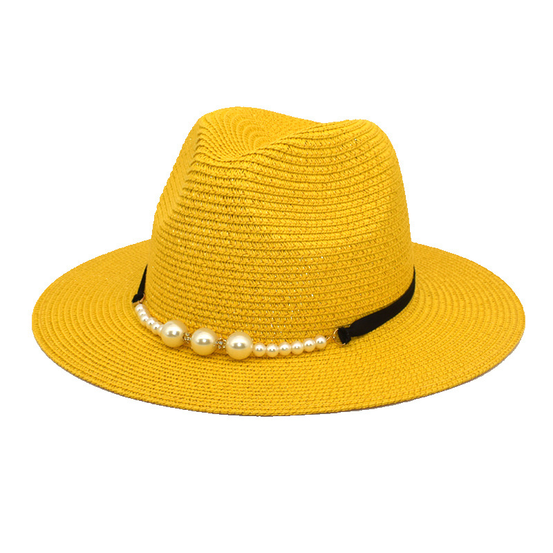 European and American Spring and Summer Sun Protection Pearl Accessories Sun Hat Black Flat Brim Retro New Jazz Top Hat Men's and Women's Straw Hat