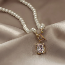 微镶锆石方块珍珠项链女时尚设计感韩版气质网红锁骨链夏配饰颈链