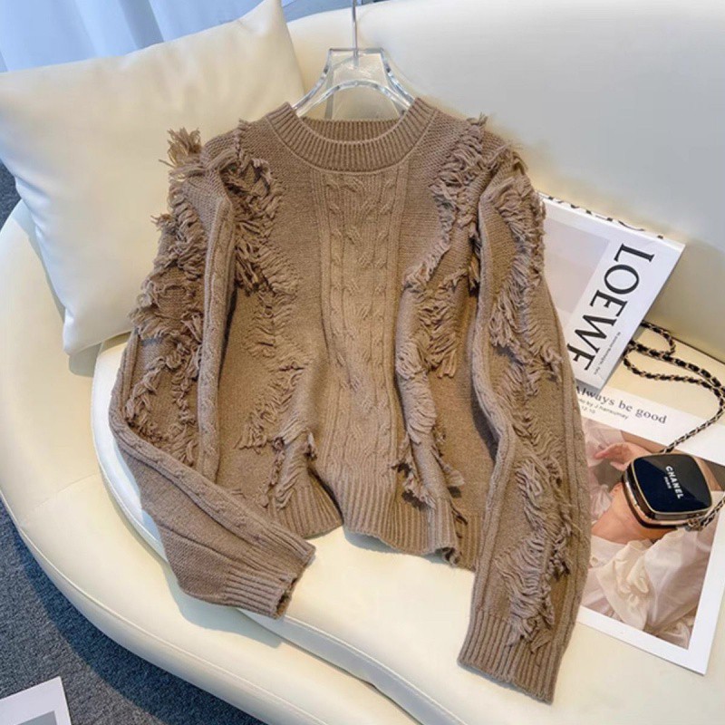 高级感流苏毛边加厚麻花毛衣女2024秋冬新款宽松慵懒风针织衫上衣