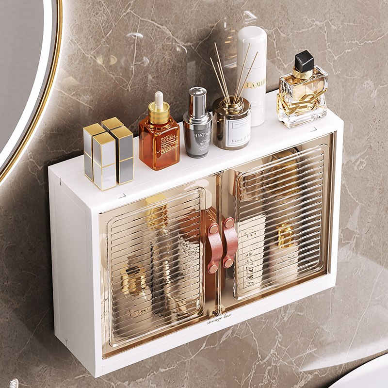 Bathroom Wall-Mounted Storage Box Household Punch-Free Bathroom Cotton Puff Transparent Storage Cabinet Jewelry Rack