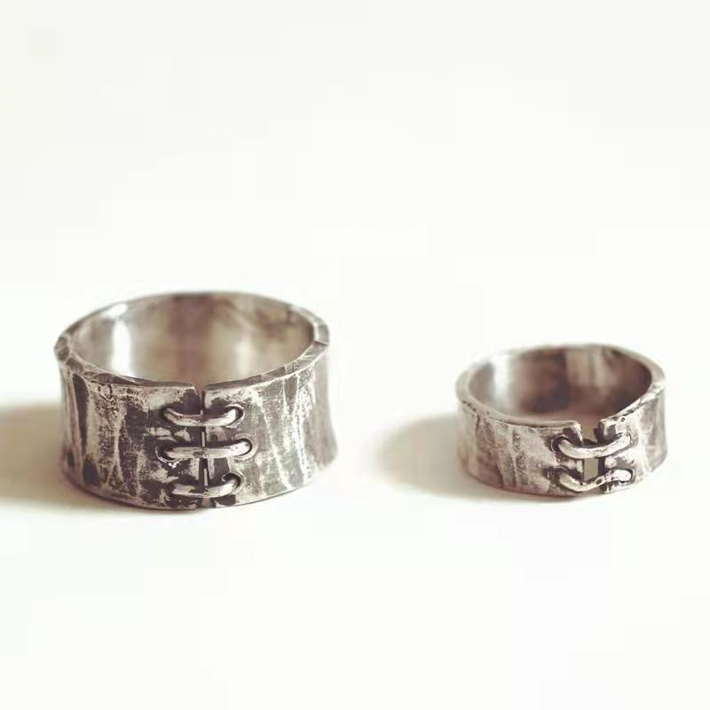 艺尚缝补纯手工制作情侣对戒原创个性复古做旧粗犷闭口泰银戒指