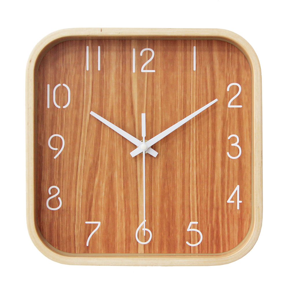 23cm曲木正方形挂钟客厅卧室静音实木简约现代石英钟表挂表免打孔