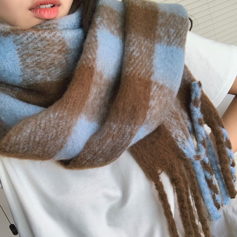 2023 Autumn and Winter New Imitation Cashmere Plaid Scarf Female Winter Thicken Thermal Tassel Color Matching Knitted Bib Shawl