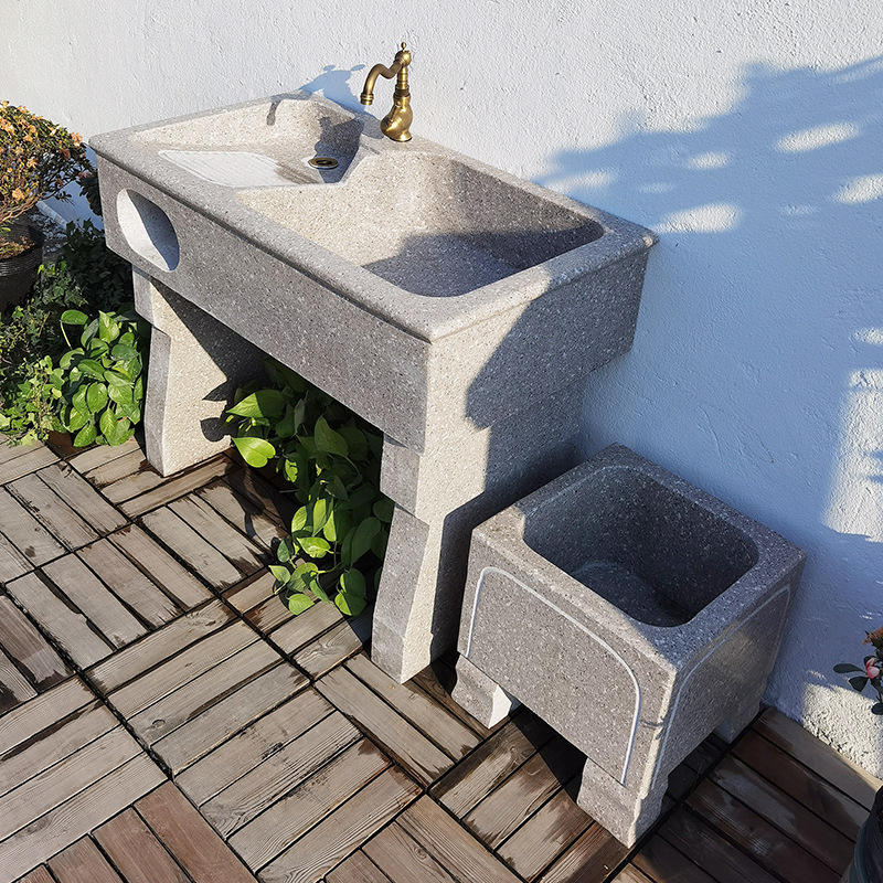 石头洗衣池家用阳台花岗岩洗衣槽一体整石落地水池室外水槽洗手台