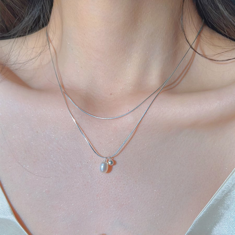 Simple Double Layer Twin Natural Pearl Necklace for Women Ins Cold Style Fashion Personalized Clavicle Chain All-Match High Sense