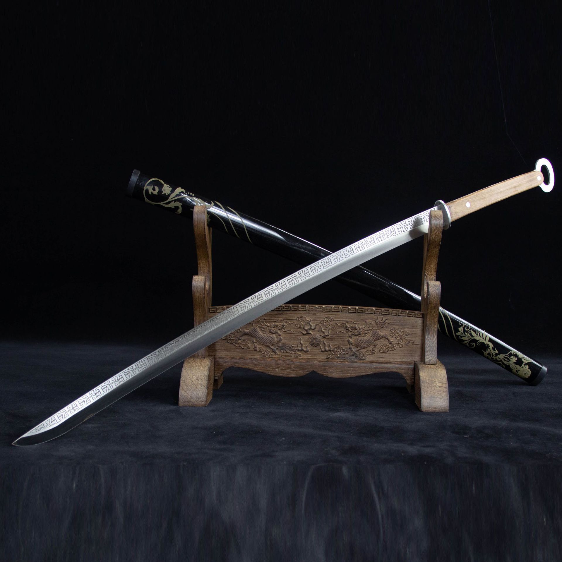 跨境批发龙泉市刀剑不锈钢汉环首刀反曲刃唐横刀一体硬宝剑未开刃