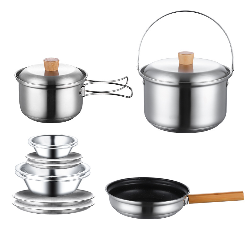 Outdoor Jacketed Kettle Picnic Camping Stainless Steel Pot Frying Pan Portable Camping Cookware Portable Gas Stove Applicable Set Pot