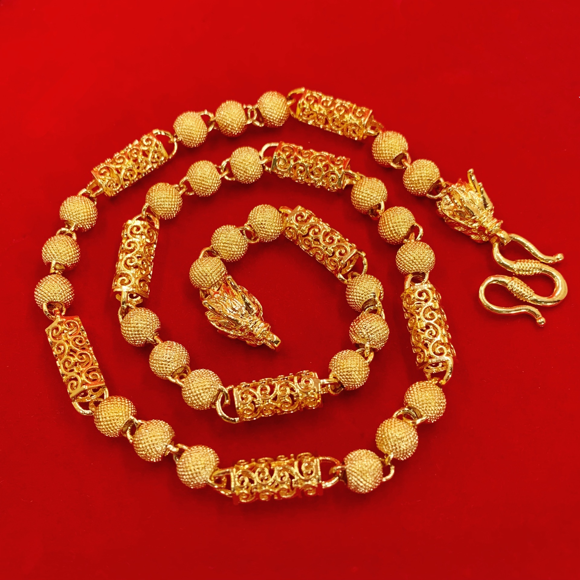 沙金饰品龙头男士项链 六字真言桶珠铜镀金老板项链 厂家批发