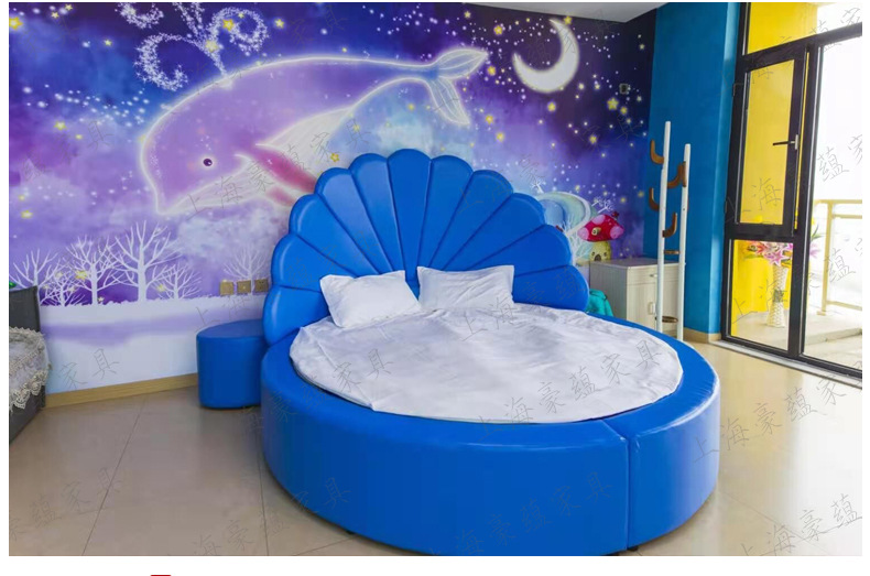 蓝色海洋主题贝壳圆床会所情趣特色床民宿情侣水床公寓房电动圆床