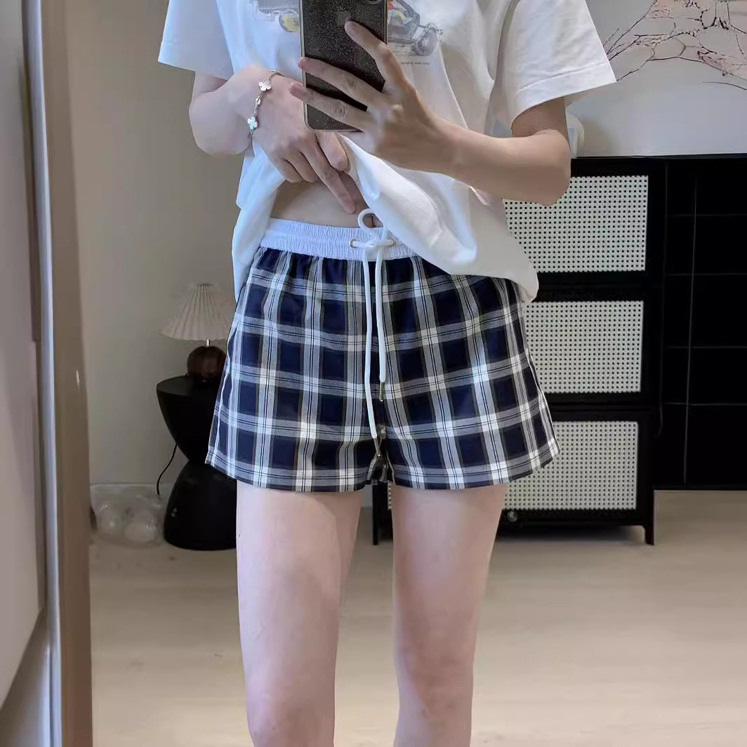 涌奥哲 黑白撞色中腰迷你沙滩短裤抽绳格纹短裤-阿里巴巴