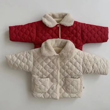 韩版ins加绒加厚翻领红色棉服外套男女宝宝新款保暖外套时尚潮流