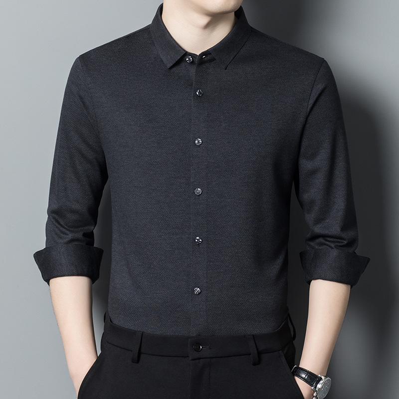 2024春季男士羊毛衬衫商务休闲免烫中年爸爸装时尚百搭男装衬衣