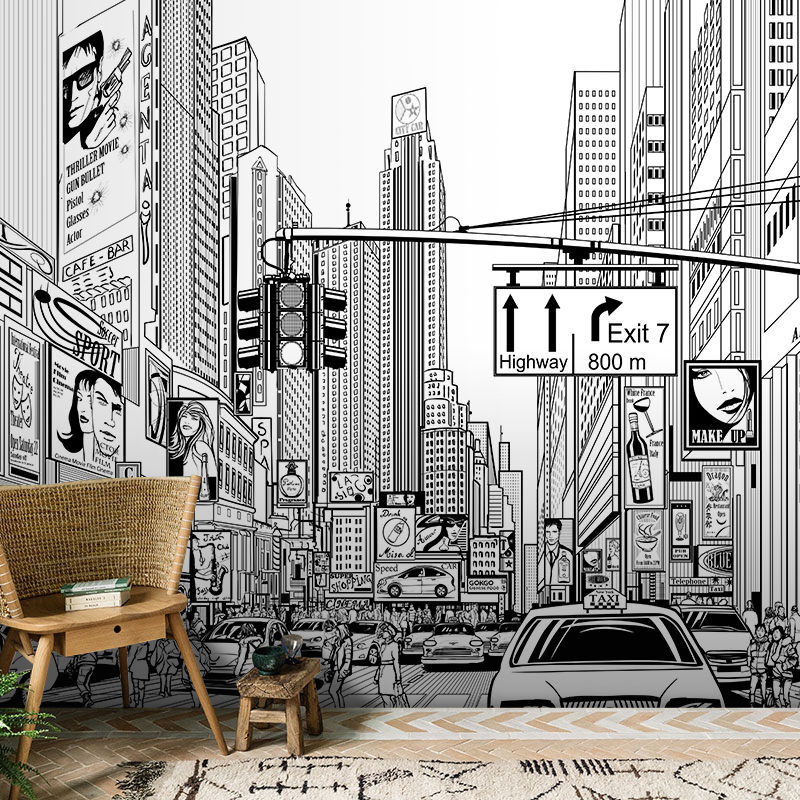 8d北欧手绘壁纸复古怀旧欧式建筑壁画黑白城市客厅餐厅奶茶店墙纸