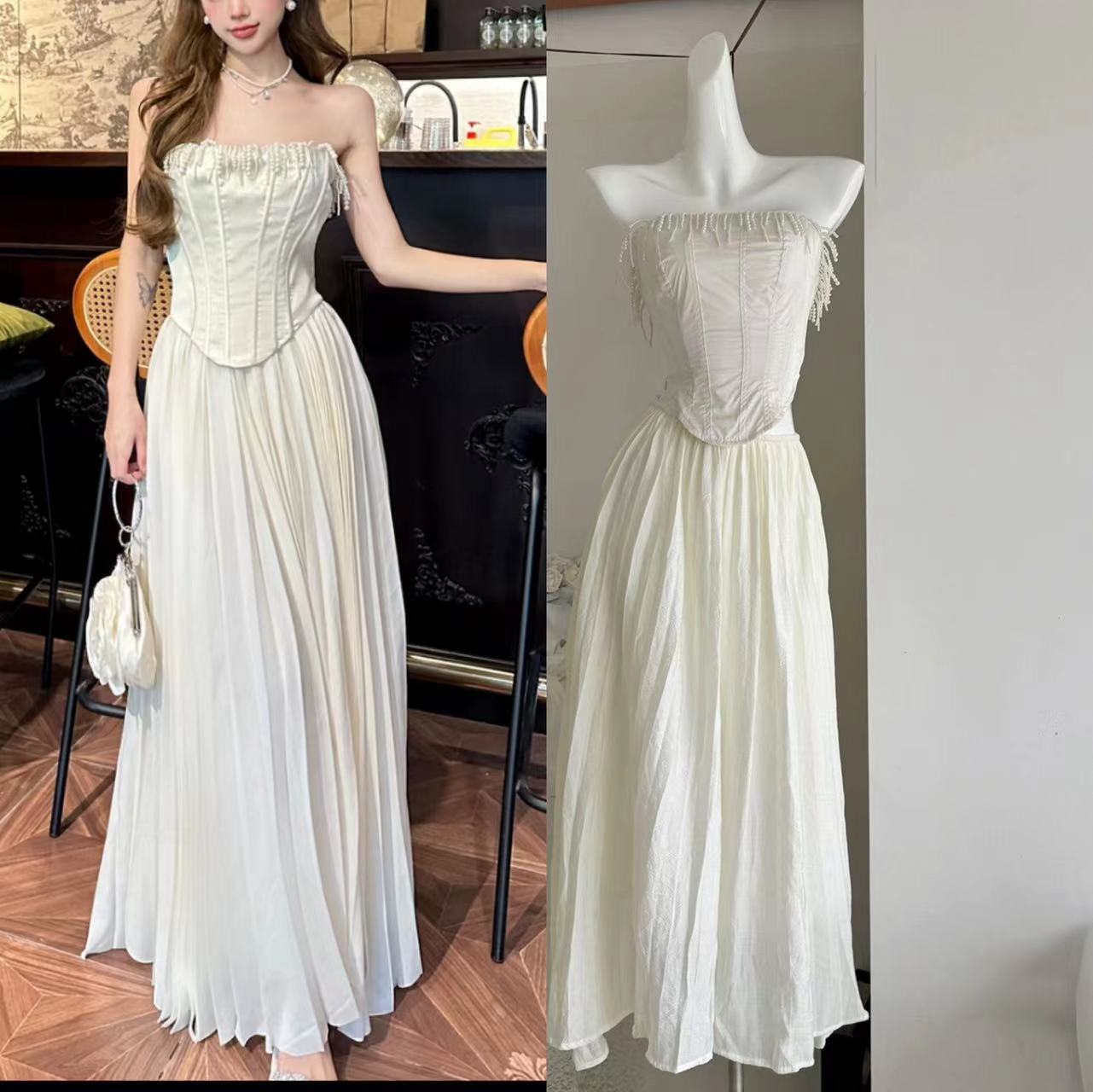 珍珠吊坠鱼骨绑带高级感聚会抹胸胸衣 半身长裙-阿里巴巴