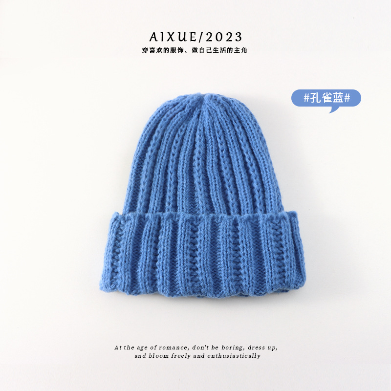 2023 New Autumn and Winter Solid Color Beanie Hat Light Board Knitted Hat Couple Warm Extra Thick Coarse Yarn Strip Woolen Cap Women