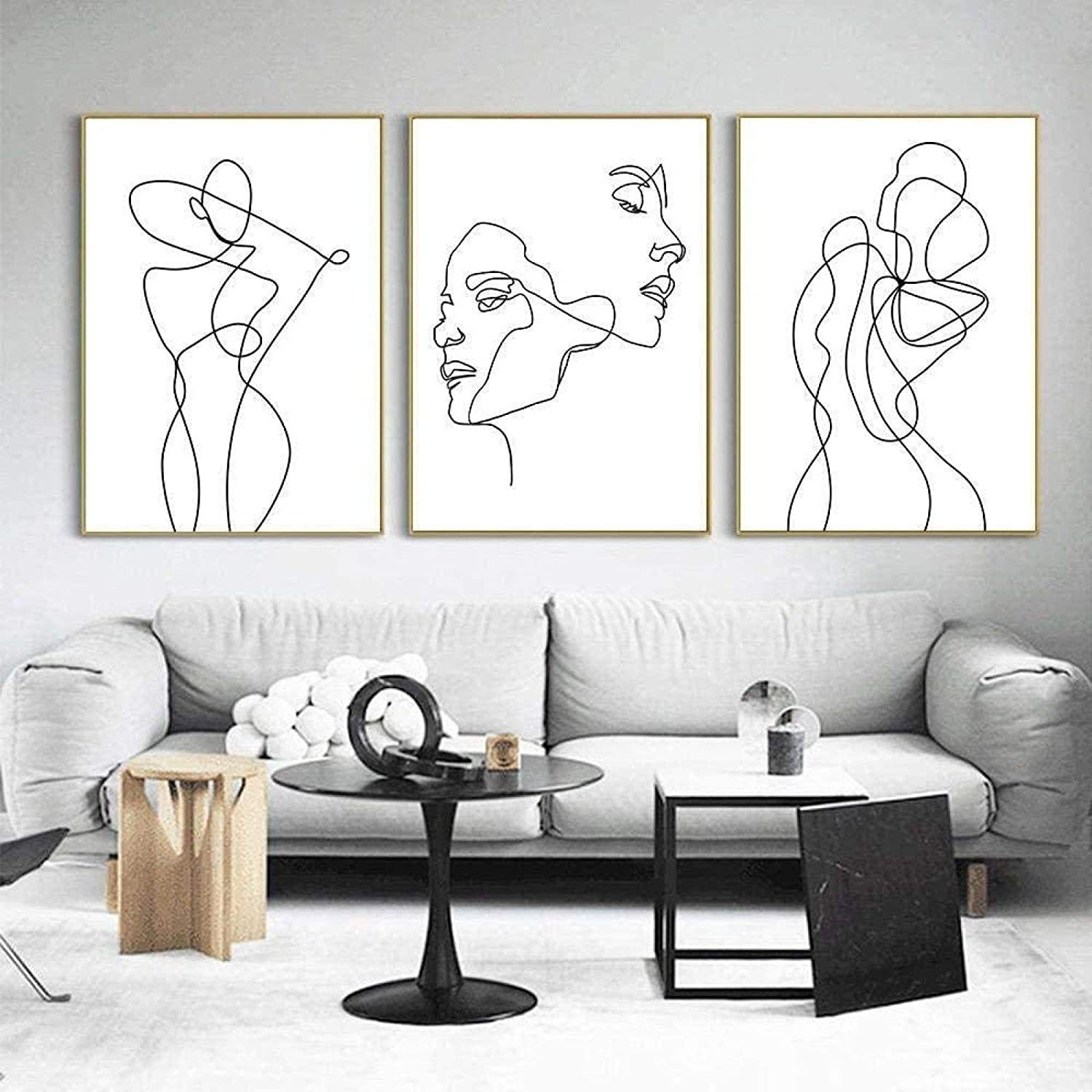 亚马逊抽象画线条女人挂画喷绘情侣相吻帆布画黑白极简客厅装饰画