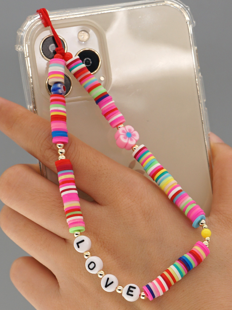 简约波西米亚沙滩风彩色软陶手机挂绳琉璃花珠字母串珠手机链女