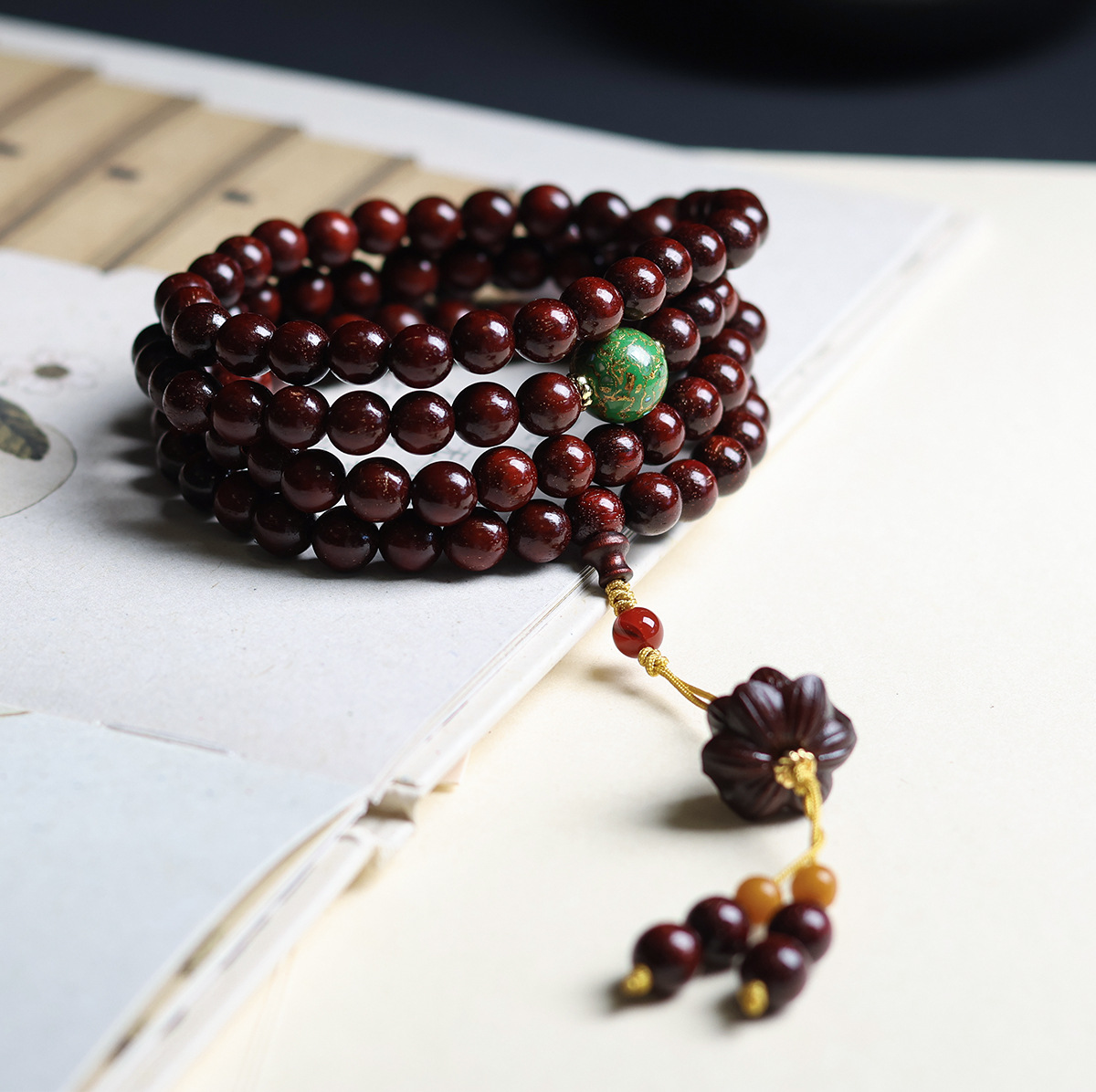 批发印度爆满金星小叶紫檀多圈手链雕刻莲花非遗大漆手串项链饰品