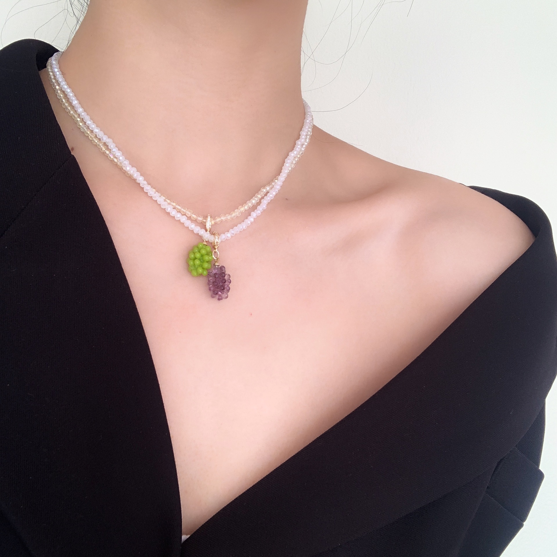 法式甜氧串珠葡萄吊坠项链巴洛克复古港风仙气质森系少女感锁骨链