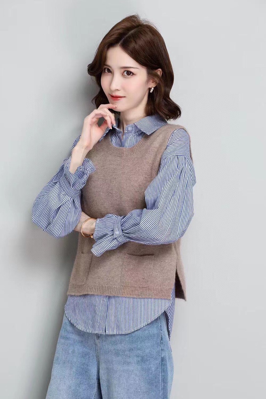 100纯山羊绒衫女背心马甲秋冬宽松内搭v领打底保暖开叉毛衣外穿潮