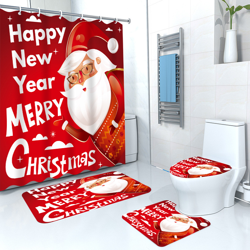 Cross-Border Hot Polyester Digital Printing Shower Curtain Waterproof Bathroom Curtain Punch-Free Bathroom Set Floor Mat Four-Piece Set