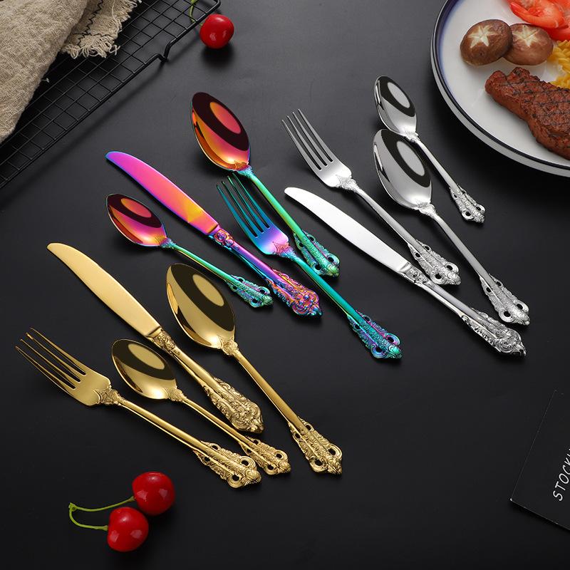 Stainless Steel European Court Knife, Fork and Spoon Western Tableware Hotel Relief Creative Steak Knife Fork Four-Piece Set