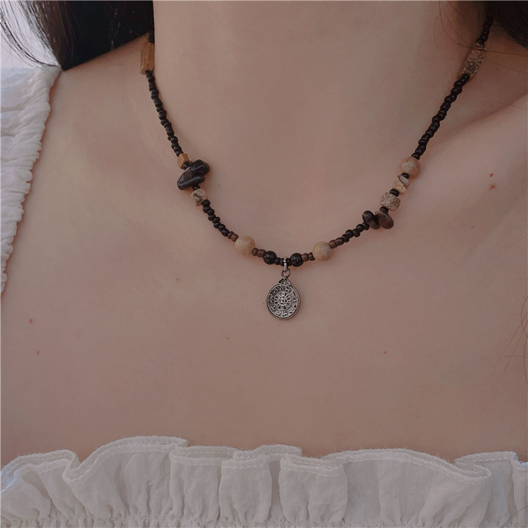 Coffee Color Series Bead Natural Stone Beaded Necklace Design Artistic Retro New Chinese Old Silver Pendant Clavicle