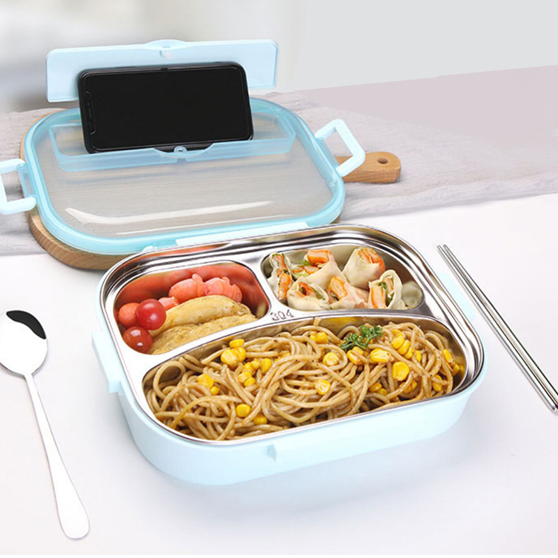 304不锈钢四格饭盒餐盒上班族学生带饭便携方形分格带汤碗便当盒