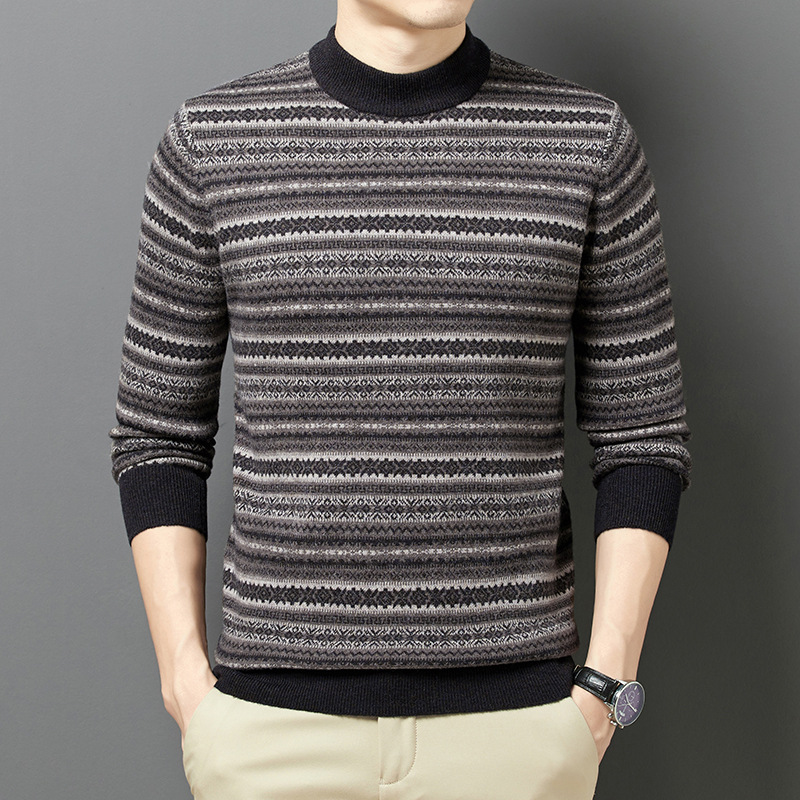 春季新款男士羊毛衫爸爸装商务休闲提花条纹时尚半高领毛衣男上衣