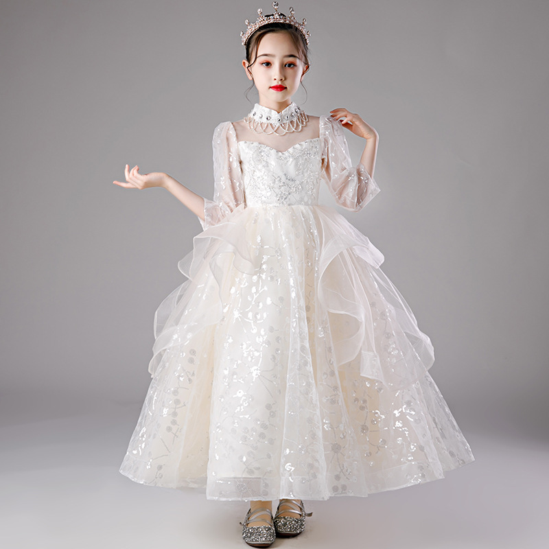 女童生日公主裙洋气走秀小女孩白色蓬蓬纱花童婚礼儿童钢琴演出服