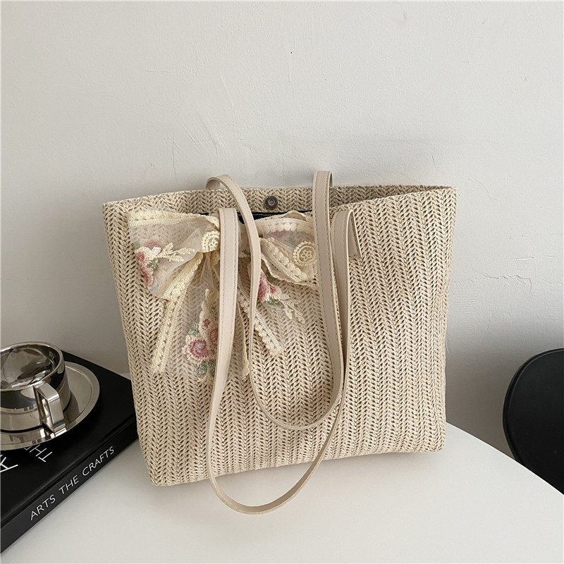 Blue Cool Straw Woven Summer Bag for Women 2021 New Fashion Portable Shoulder Bag Casual Silk Scarf Tote Bag