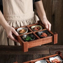火锅店餐具特色烤肉分格蔬菜水果拼盘调味碟木质餐盘拼盘摆可定制