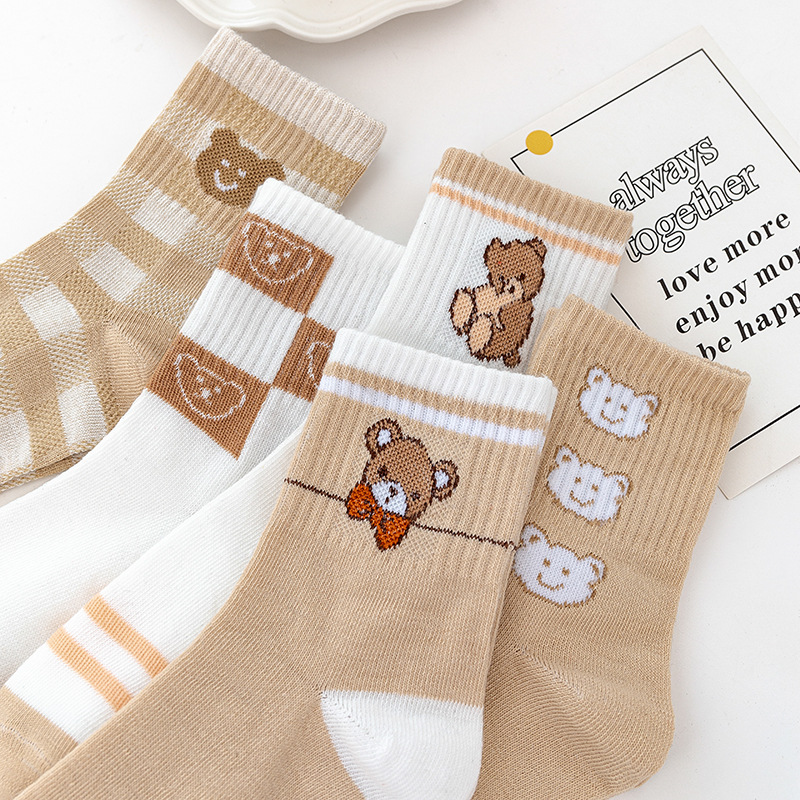 Coffee Color Socks for Women Spring/Summer Ins Trendy Tube Socks Cute Bear Japanese Girl Stockings Women's Sports Students' Socks