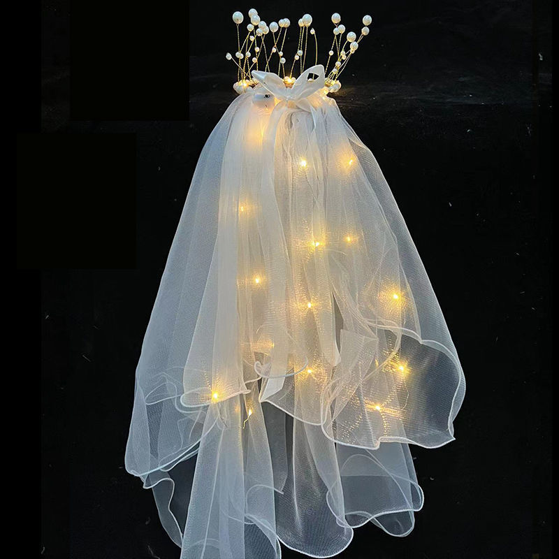 Luminous Veil Double-Layer Night Market Fantastic Stall Machine Internet Hot Photo Props Children's Fairy Pearl Headwear with Lights